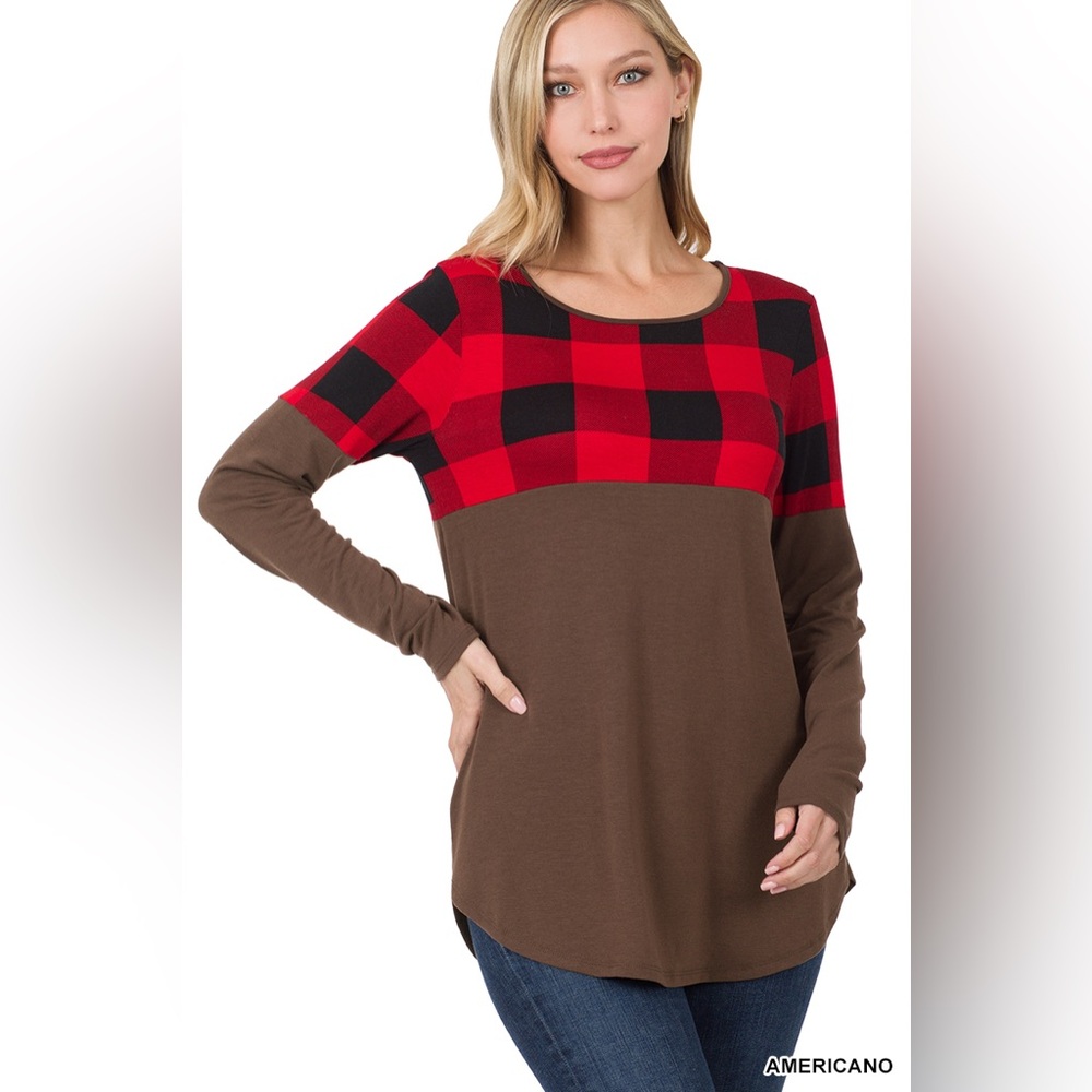 Zenana Outfitters Red and Black Buffalo Plaid Top with Brown Body